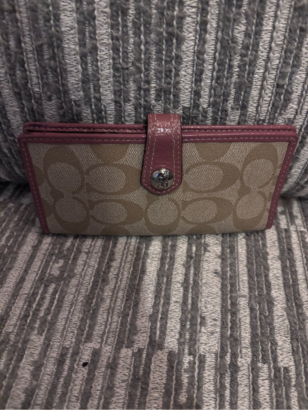 Coach Beige Signature Canvas Wallet with Pink Trim